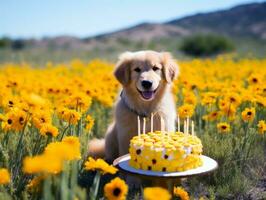 adorable perro posando con un cumpleaños pastel a un celebracion ai generativo foto