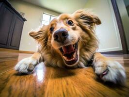 Content dog enjoying in the living room floor AI Generative photo