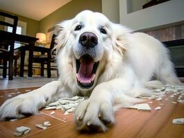 Content dog enjoying in the living room floor AI Generative photo