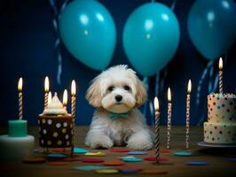 adorable perro posando con un cumpleaños pastel a un celebracion ai generativo foto