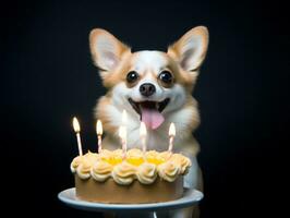 Adorable dog posing with a birthday cake at a celebration AI Generative photo