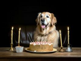 adorable perro posando con un cumpleaños pastel a un celebracion ai generativo foto