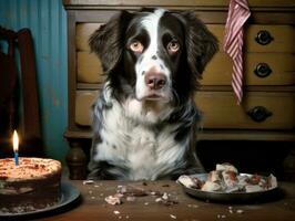 Adorable dog posing with a birthday cake at a celebration AI Generative photo