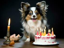 adorable perro posando con un cumpleaños pastel a un celebracion ai generativo foto