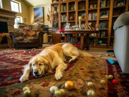 Content dog enjoying in the living room floor AI Generative photo