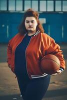 Body positive female athlete with a basketball, posing for the camera, , natural daylight, art photo