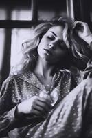 Monochrome vintage aesthetic shot of a woman posing in front of the camera in pajamas, portrait, photography in the style of the 1970s, relaxed home environment, natural lighting, art photo