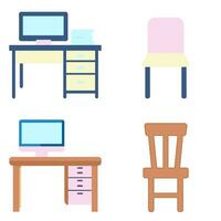 Icon set working place table desk and chair with computer elevation office furniture vector