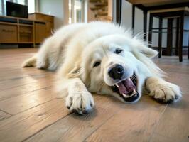 Content dog enjoying in the living room floor AI Generative photo