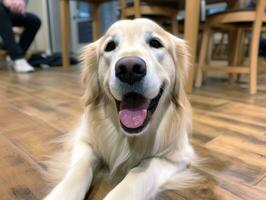 Content dog enjoying in the living room floor AI Generative photo