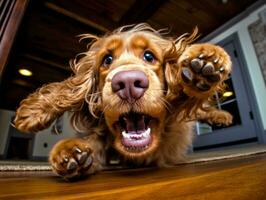 Content dog enjoying in the living room floor AI Generative photo