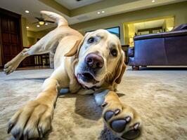 Content dog enjoying in the living room floor AI Generative photo