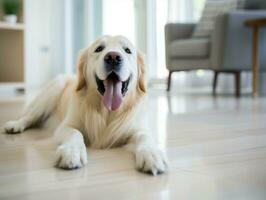 Content dog enjoying in the living room floor AI Generative photo