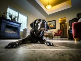 Content dog enjoying in the living room floor AI Generative photo