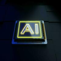 Glowing chip with yellow neon light sign 3d render photo