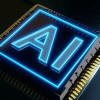 Computer chip with glowing blue neon light sign 3d render photo