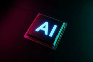 Chip processor with sigh in neon light 3d render photo