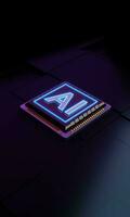 Glowing chip with blue neon light sign 3d render photo