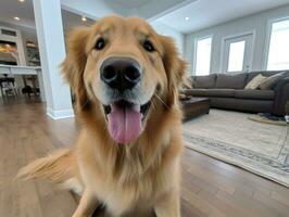 Content dog enjoying in the living room floor AI Generative photo