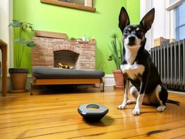 Content dog enjoying in the living room floor AI Generative photo