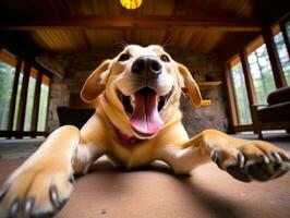 Content dog enjoying in the living room floor AI Generative photo