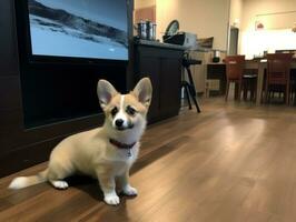 Content dog enjoying in the living room floor AI Generative photo