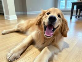 Content dog enjoying in the living room floor AI Generative photo