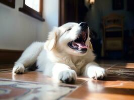 Content dog enjoying in the living room floor AI Generative photo