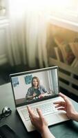 Virtual Meeting. Woman Engaging in Online Discussion, Work from Home, E-Learning, and Web Chat Conference for Remote Education and Freelance Work photo