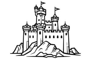 Hilltop Castle Vector Icon Outline, Hilltop Castle Black Stroke Linear Icon.