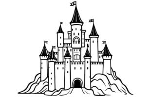 Hilltop Castle Vector Icon Outline, Hilltop Castle Black Stroke Linear Icon.