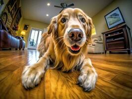 Content dog enjoying in the living room floor AI Generative photo