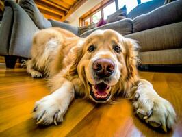 Content dog enjoying in the living room floor AI Generative photo