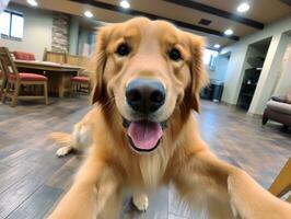 Content dog enjoying in the living room floor AI Generative photo