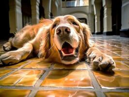 Content dog enjoying in the living room floor AI Generative photo