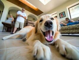 Content dog enjoying in the living room floor AI Generative photo