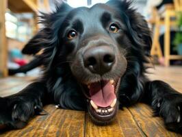 Content dog enjoying in the living room floor AI Generative photo