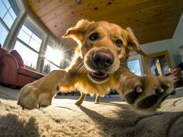 Content dog enjoying in the living room floor AI Generative photo