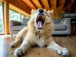 Content dog enjoying in the living room floor AI Generative photo