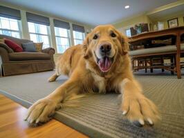 Content dog enjoying in the living room floor AI Generative photo