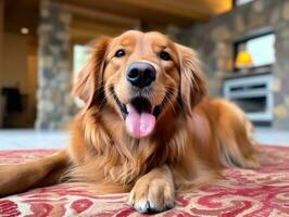 Content dog enjoying in the living room floor AI Generative photo