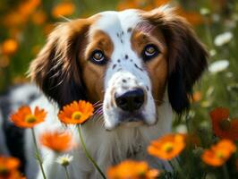 curioso perro explorador un campo de floreciente flor silvestre ai generativo foto