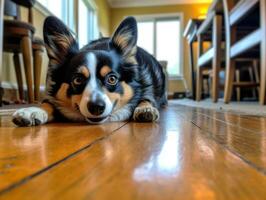 Content dog enjoying in the living room floor AI Generative photo