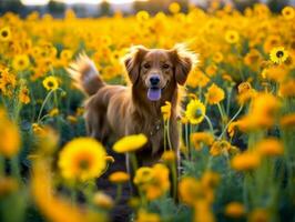 Curious dog exploring a field of blooming wildflower AI Generative photo