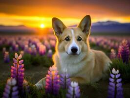 Curious dog exploring a field of blooming wildflower AI Generative photo