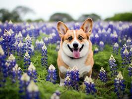 Curious dog exploring a field of blooming wildflower AI Generative photo