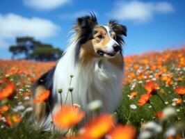 Curious dog exploring a field of blooming wildflower AI Generative photo