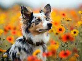 Curious dog exploring a field of blooming wildflower AI Generative photo