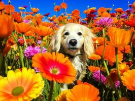 curioso perro explorador un campo de floreciente flor silvestre ai generativo foto