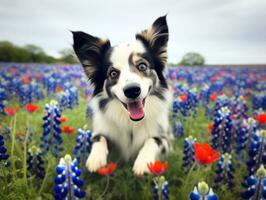 Curious dog exploring a field of blooming wildflower AI Generative photo